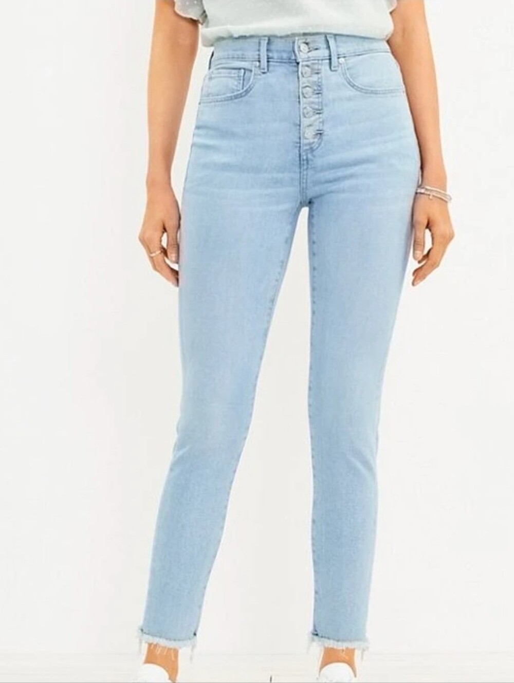 LOFT Women High Rise The Skinny Size 8 Light Blue Skinny Denim Jeans Fringe Leg